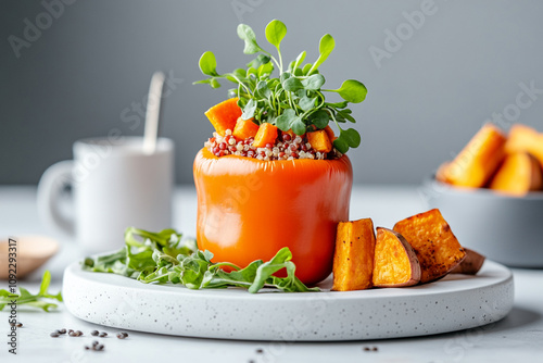 A plated plant-based dinner on a white table, with a stuffed bell peppers filled with quinoa, lentils, and vegetables.