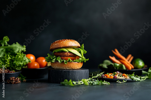 A plant-based burger with a juicy plant-based patty, topped with fresh avocado, lettuce, and tomato.