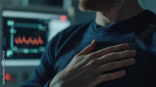 Close-up of a mana??s hand on his chest, with an EKG monitor in the background. photo