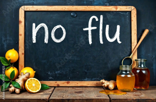 Lemons, ginger, and honey are beside a chalkboard reading No Flu in a calm setting photo