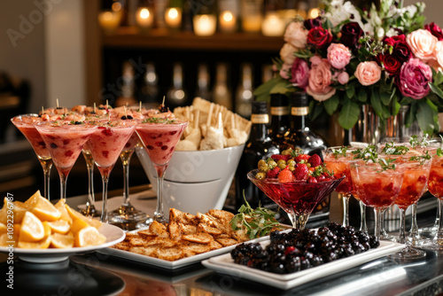 A table displaying various drinks and snacks for a casual gathering, set up with colorful cups, plates, and bowls, creating an inviting spread. photo