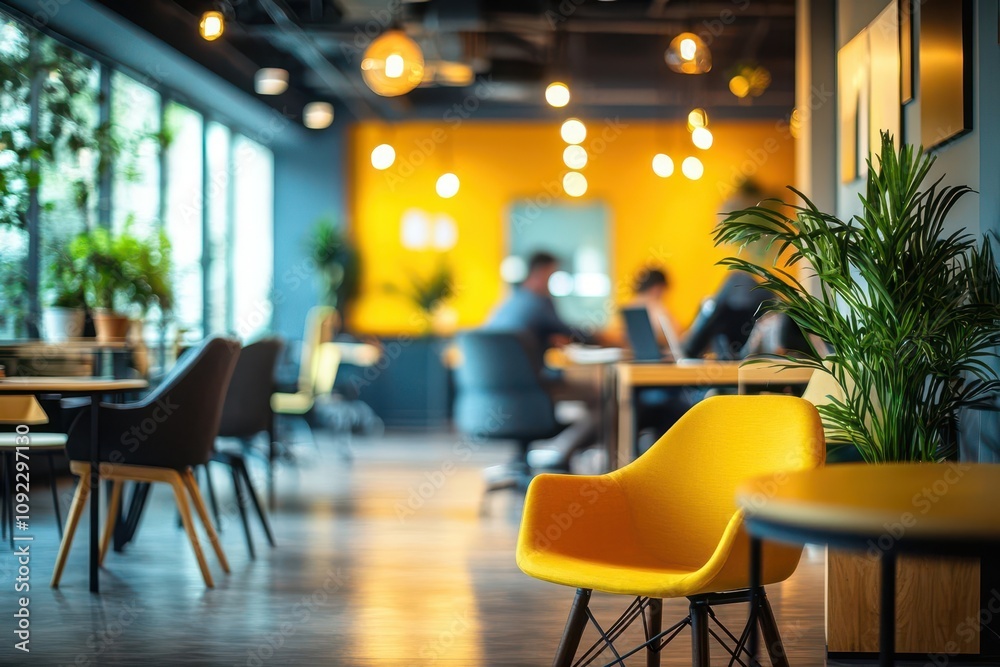 A stylish coworking space with vibrant lighting, ergonomic chairs, and professionals at work, innovative workspace, modern collaboration A stylish coworking space with vibrant lighting, ergonomic chairs, and professionals at work, innovative workspace, modern collaboration