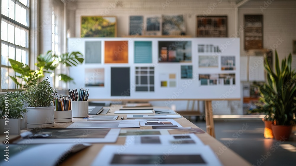 A meeting room with catalogs, whiteboards, and branding mood boards under natural light, brand strategy session, creative planning A meeting room with catalogs, whiteboards, and branding mood boards under natural light, brand strategy session, creative planning
