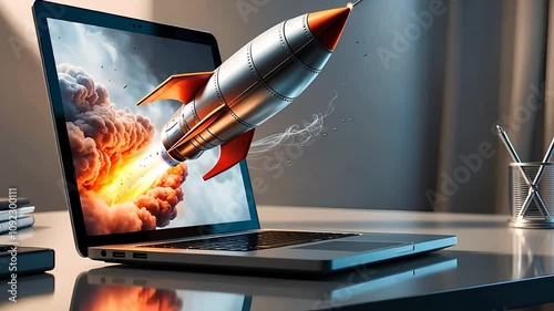 Innovative Rocket Launch Emerging from a Laptop Screen

 photo