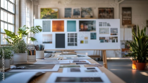 A meeting room with catalogs, whiteboards, and branding mood boards under natural light, brand strategy session, creative planning photo