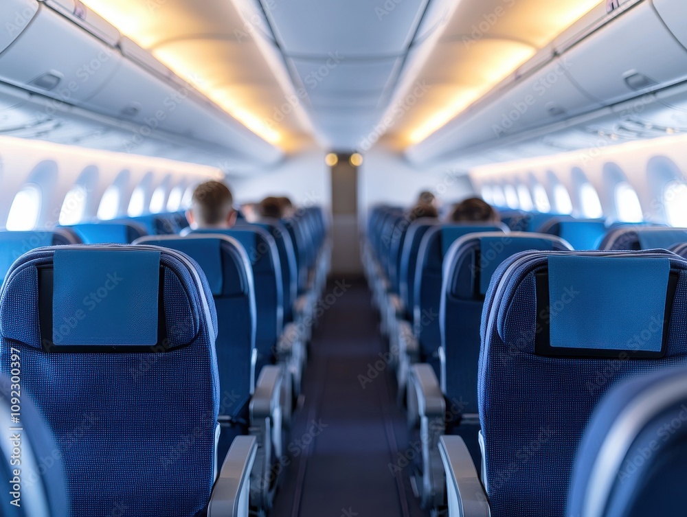 Interior view of a modern airplane cabin.