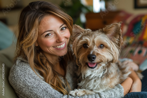 Woman sitting on couch embracing fluffy golden retriever dog, both gazing lovingly at each other.