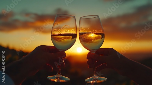 Close-up shot of hands clinking wine glasses, sunset creating a stunning silhouette, sky painted with warm hues of red and gold, reflections glistening on the glass, serene and romantic atmosphere, photo