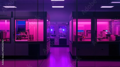 Modern Laboratory with Pink Lit Automated Machinery photo