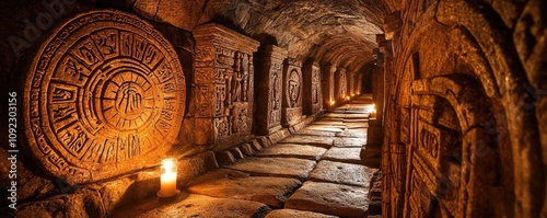 Ancient stone tunnel with carvings and soft candlelight creating an eerie atmosphere. photo