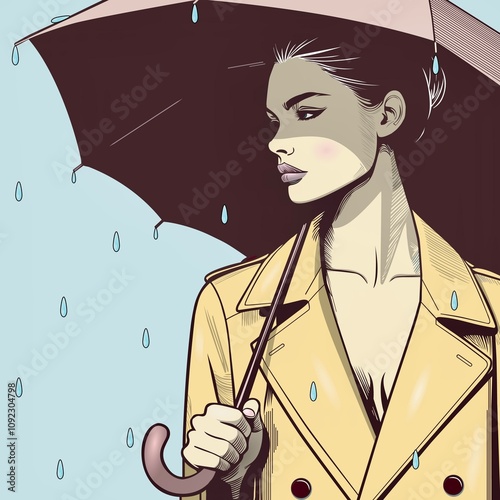 Minimalist Illustration Fashion Woman Wearing Rain Coat Holding Umbrella