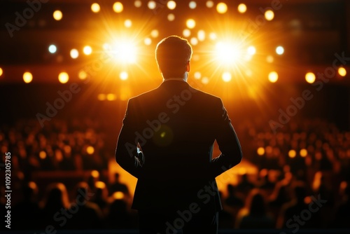 A silhouetted figure stands confidently before a radiant stage, illuminated by bright lights. The audience awaits, creating an atmosphere of anticipation and excitement for the performance ahead. photo