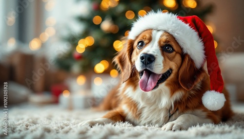 A joyful, red-nosed beagle wearing a Santa hat basks in the warm glow of a Christmas tree, capturing the spirit of festive cheer and canine companionship. 