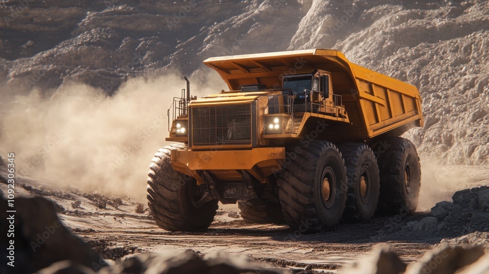 Obraz premium Massive mining truck carrying heavy load, rocky terrain, rugged wheels, dusty atmosphere, realistic rendering 