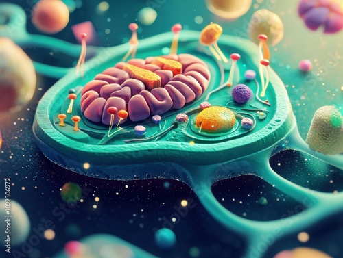 A colorful illustration of a cell's structure. AI.