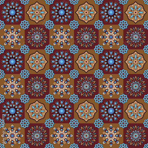 Decorative flowers blue and brown color seamless pattern, seamless pattern.