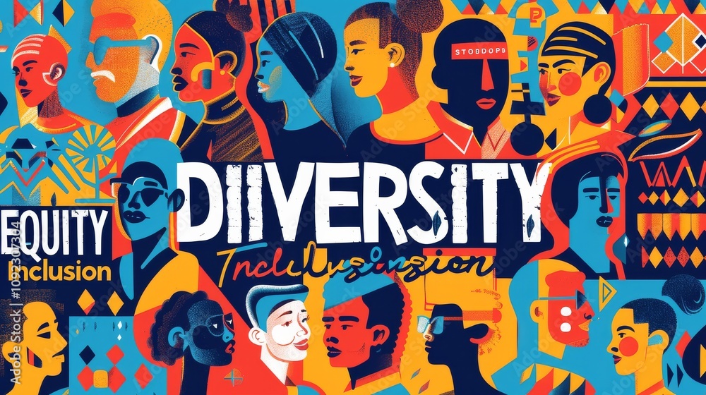 Obraz premium A compelling poster with the words DIVERSITY EQUITY Inclusion prominently displayed in bold, colorful lettering