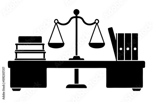 Lawyer Desk Silhouette - Table with Books, Briefcase, and Scales Vector Design