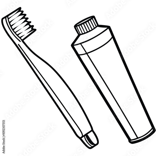 Toothbrush and Toothpaste line art vector isolated on white background. Vector illustration