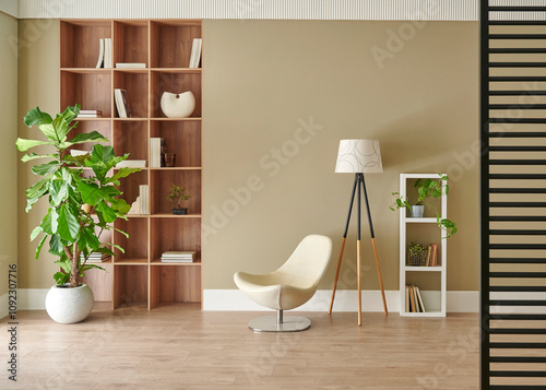 Room interior concept, bookshelf, frame, lamp, vase of plant, chair, carpet detail. Modern wall.