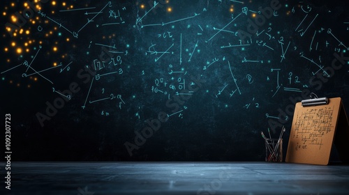 A creative workspace features a chalkboard filled with glowing mathematical equations, alongside a clipboard and colored pens, inspiring thoughts about the beauty of mathematics and science.