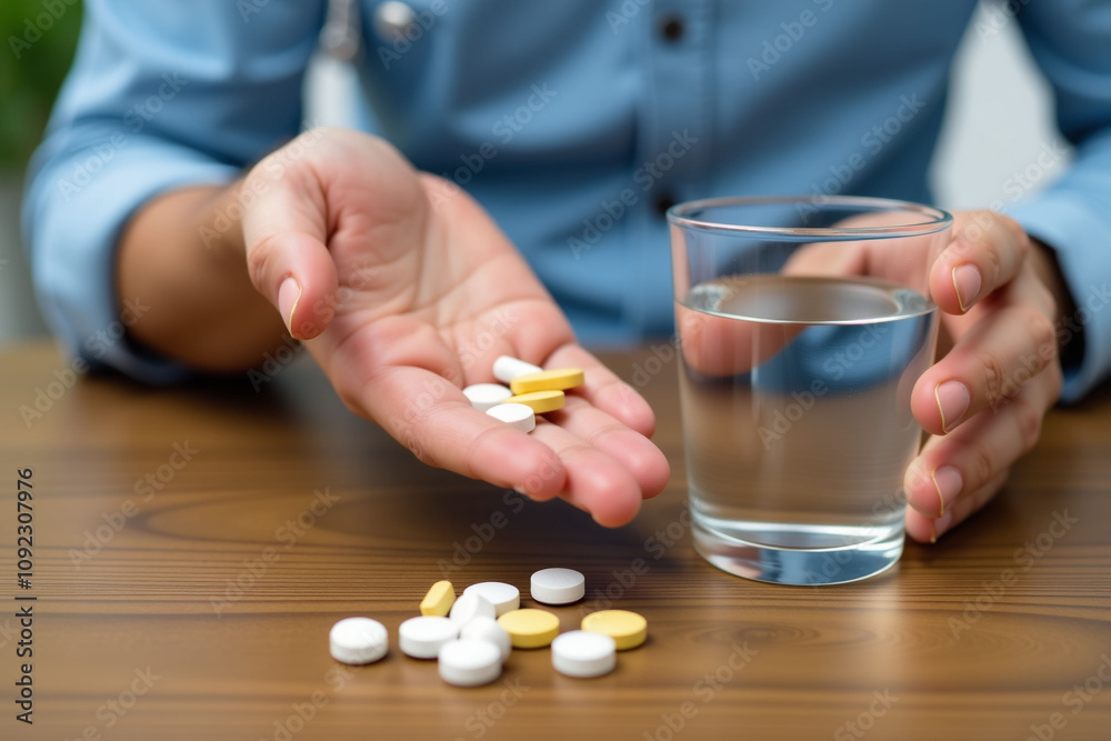 Handful of pills ready for consumption, Taking medicine, health care, medical concepts. Handful of pills ready for consumption, Taking medicine, health care, medical concepts.