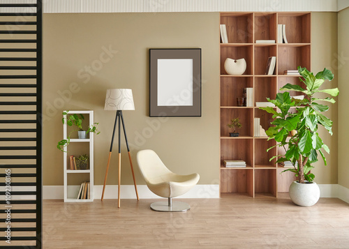 Room interior concept, bookshelf, frame, lamp, vase of plant, chair, carpet detail. Modern wall.