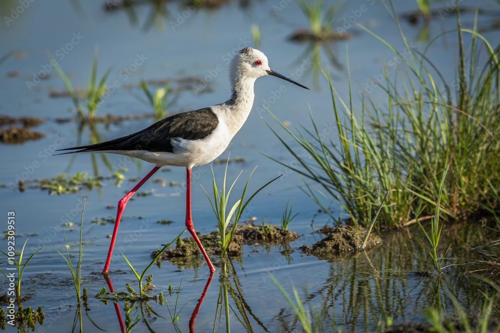 Obraz premium Black-winged Stilt, Himanthopus himantophus, black and white bird with long red legs, in the nature habitat, water pond, India. Wildlife scene from nature, Mana Pools NP, Zimbabwe in Africa