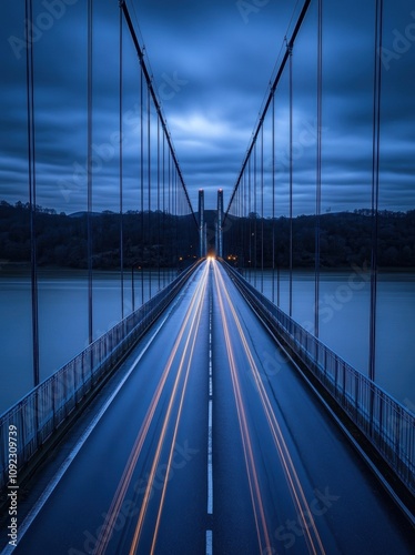 A captivating view of a stunning suspension bridge at twilight, where ethereal lights illuminate the road, reflecting on the serene waters below, enveloped in a tranquil blue ambiance. photo