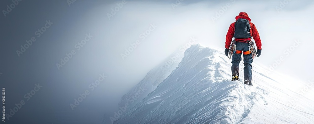 Mountaineer climbing a snowy peak under a cloudy sky, adventure and exploration theme. Mountaineer climbing a snowy peak under a cloudy sky, adventure and exploration theme.