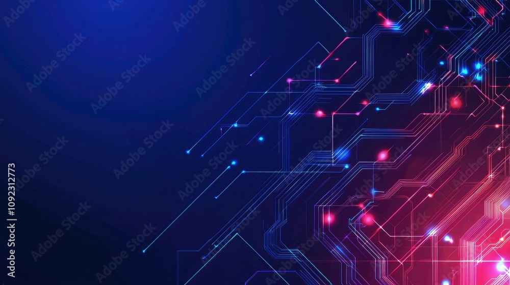 Fototapeta premium Abstract digital circuit board background with glowing lines and nodes.