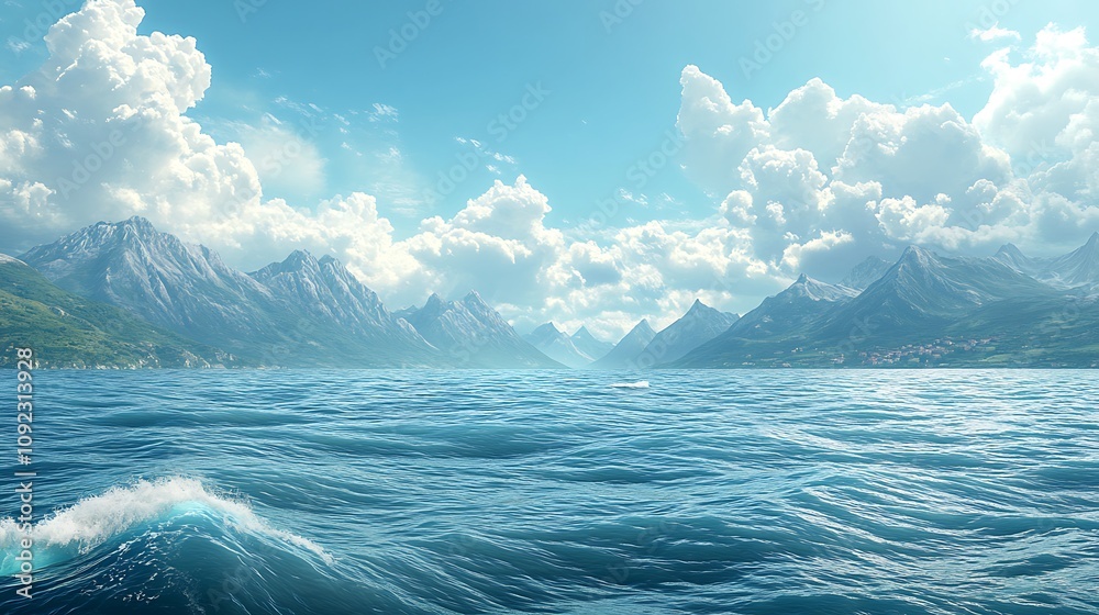 Fototapeta premium Majestic view of the azure ocean, its waves gently rippling towards a line of towering mountains. The sky is bright and filled with fluffy white clouds, casting light shadows on the water,