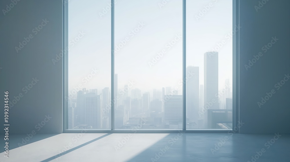Obraz premium Interior view of an empty room in a skyscraper, showcasing the cityscape during the day. The skyline view from a high-rise window offers a gorgeous property with a stunning view.