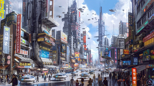 A futuristic digital painting of a high-tech cyberpunk cityscape, with towering skyscrapers, neon signs, and bustling streets filled with hovercars and pedestrians. photo