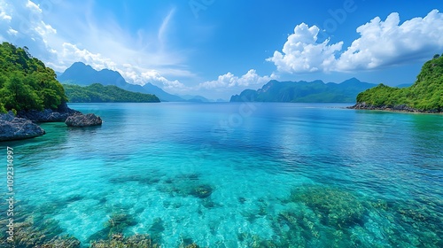 Panoramic view of a tranquil bay with crystal-clear azure waters, surrounded by lush, green mountains. Streaks of thin clouds drift across a bright blue sky, creating a serene and peaceful scene,