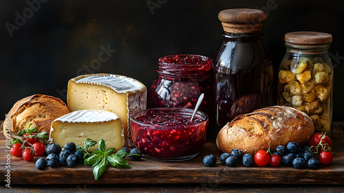 A Colorful Charcuterie Spread Featuring JamÂ¾n IbÃrico, Fresh Bread, and Cheeses in a Rustic Kitchen photo