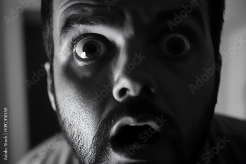 Closeup Black And White Image Of A Shocked Man