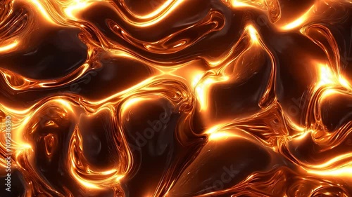 Abstract glowing 3d render holographic oil surface background, foil wavy surface, wave and ripples, ultraviolet modern light, neon orange spectrum colors. Seamless loop 4k animation