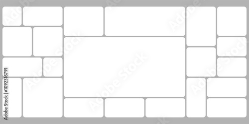 White grid template design, bento box photo frame collage layout. Light mood board mockup horizontal banner. Puzzle mosaic blocks for picture gallery page. Flat graph y2k dashboard presentation slide