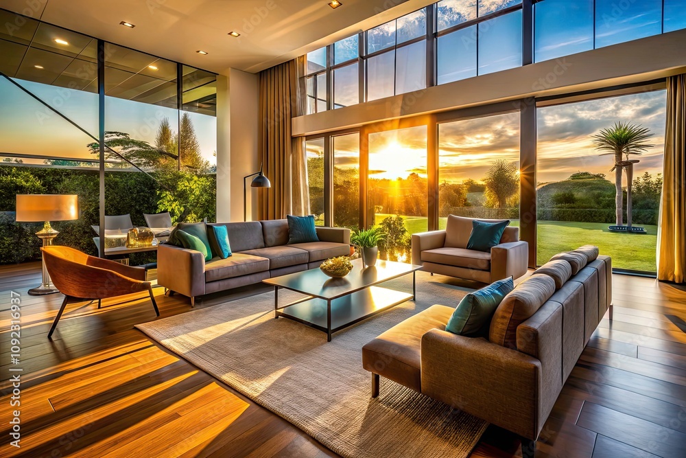 Fototapeta premium Modern Silhouette Photography of Interiors in a New House, Showcasing Elegant Design, Contemporary Furniture, and Cozy Atmosphere for Real Estate and Interior Design Inspiration