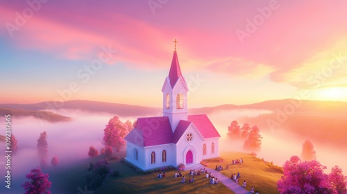 A serene church surrounded by blooming trees and misty hills at sunrise, symbolizing faith and purity in celebration of Immaculate Conception Day photo