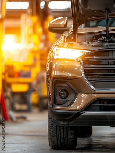 Close-up of a car's front end with the hood open, showcasing intricate details in a well-lit garage environment. photo