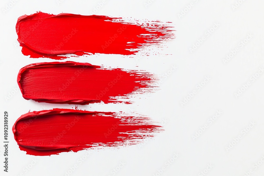 Three bold red paint strokes on a white background, perfect for artistic and design projects. Three bold red paint strokes on a white background, perfect for artistic and design projects.