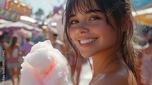 National Cotton Candy Day, Cheerful Young Woman Enjoying Cotton Candy at Fair photo