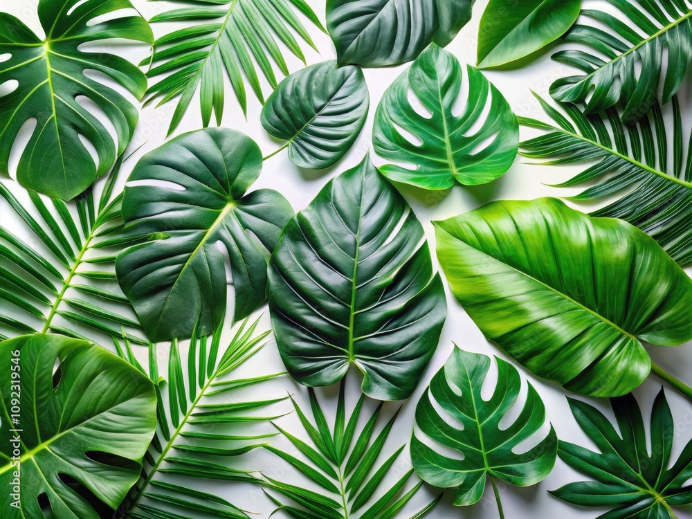 Fototapeta premium Tropical Flat Lay with Monstera Leaves and Foliage on White Background for Stunning Food Photography