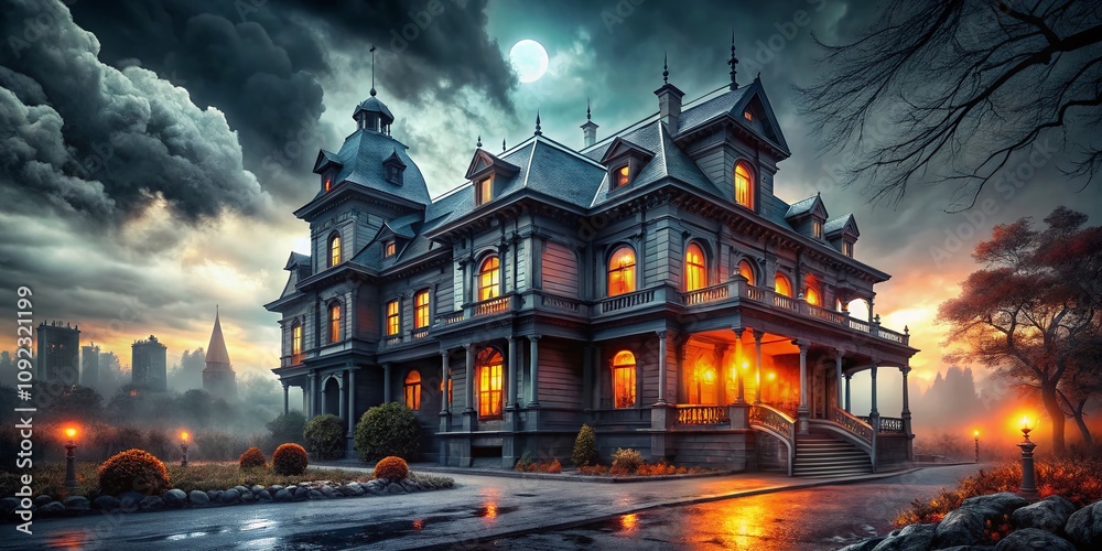 Obraz premium Dramatic Architectural Photography Featuring Flickering Light Effects from Bright White to Gray to Black for Horror Film Overlays and Atmospheric Visuals