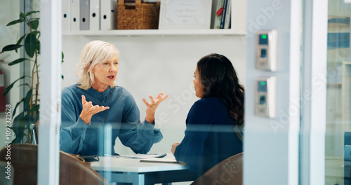Serious, HR and meeting with employee, talking and discussion for poor performance and journalist. Error, women and explaining to worker, conversation and policy violations of company or disciplinary photo
