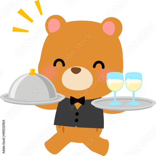 料理と飲み物を運ぶクマのウェイター