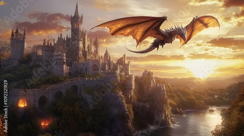 Majestic dragon soaring over a fantasy castle at sunset, highlighting an epic adventure in a mythical realm