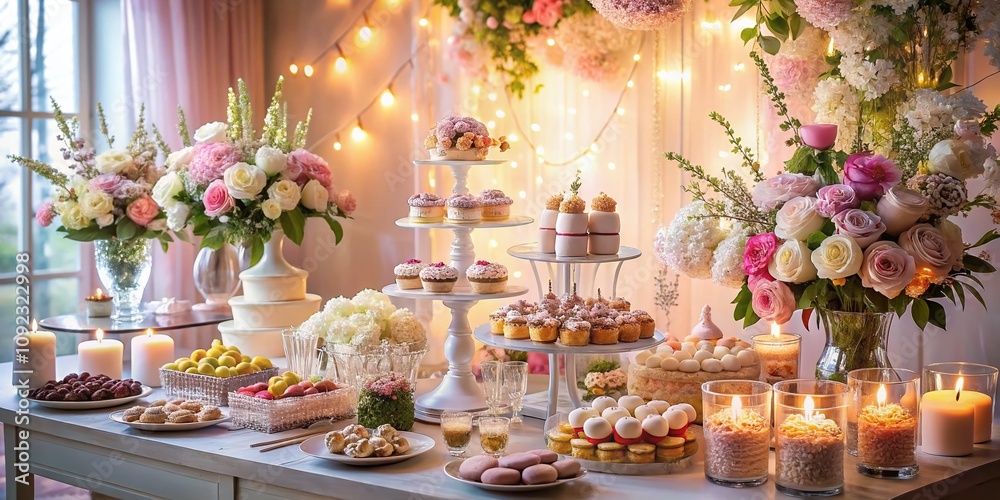 Fototapeta premium Dreamy Dessert Table for Romantic Lovers in Heaven with Exquisite Treats, Soft Lighting, and Ethereal Atmosphere Perfect for Celebrating Love and Sweet Moments Together